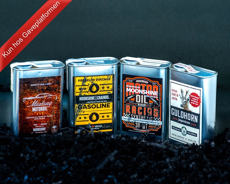 Knaplund Moonshine oilshots, 4 varianter, Motoroil, Chainoil, Snakeoil og Guldhorn vol. 40%/25%/19,5%, kr. 640,00 