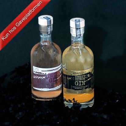 Knaplund Gin med glimmer til festaften, 2 x 250 ml, 1 stk. Jordbær/Rabarber og 1 stk.  Sweet Citrus med glimmer, 37,5% Gin, kr. 300,00 